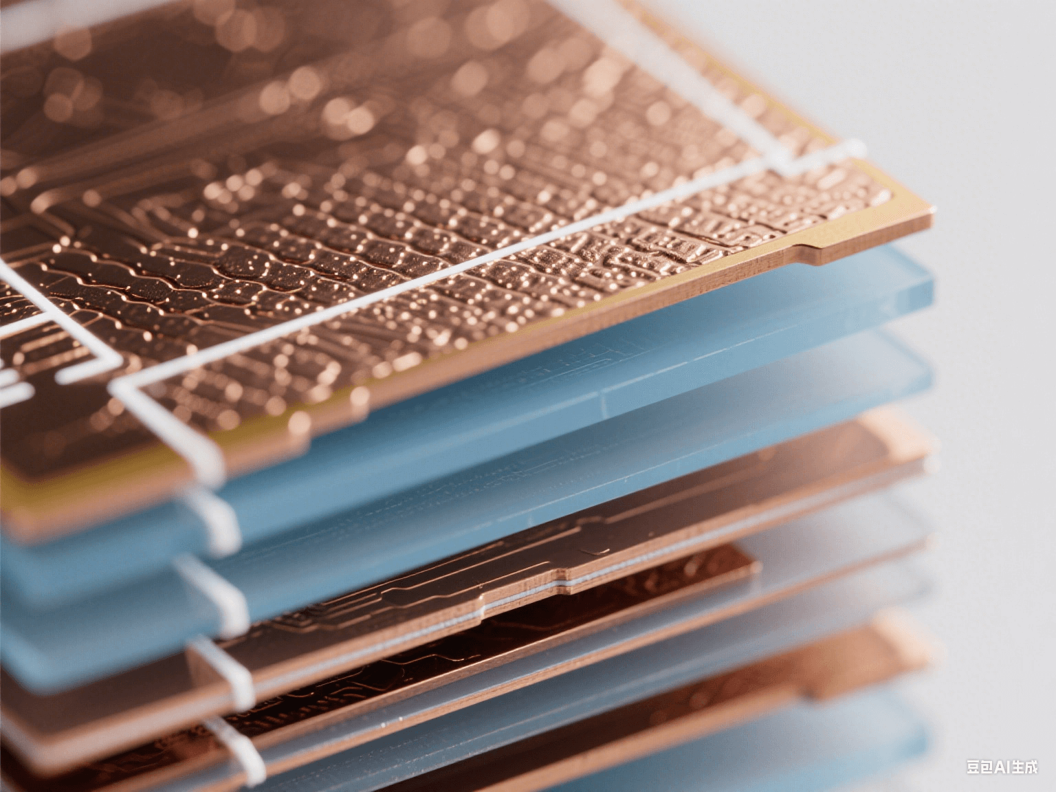 顯微鏡下 PCB 疊層細節(jié)，銅箔帶納米紋理，淡藍色半透明介質層，頂光下顯微觀精密結構