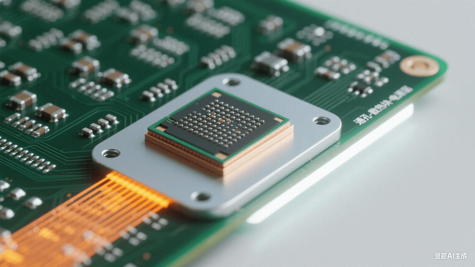 散熱設(shè)計細節(jié)：雷達板芯片區(qū)域特寫，深綠基板上有銀灰色散熱通孔陣列（孔內(nèi)填金屬），芯片下淺灰散熱塊與銀白銅質(zhì)電源層相連，橙黃色熱流光效從芯片沿路徑擴散，冷白光右側(cè)照射形成高光
