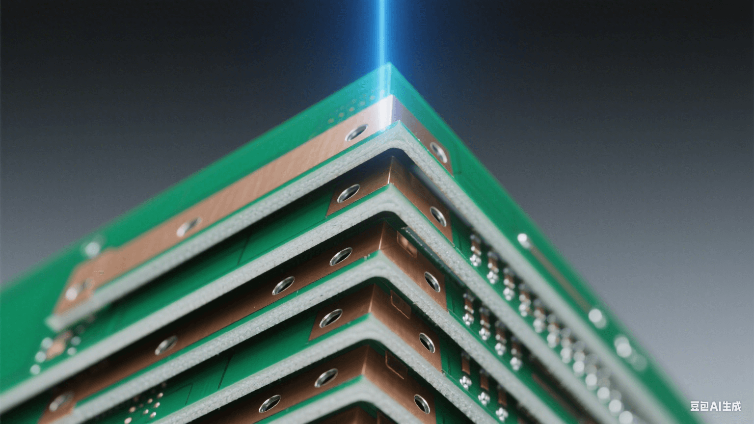 多層 HDI 結(jié)構(gòu)剖面：45° 角展示 8 層堆疊，深綠基板與銀白銅箔交替，層間棕色半固化片填充埋孔 / 盲孔，0.05mm 激光微孔孔壁鍍銀均勻，冷藍光垂直照射凸顯層間精密對準（偏差＜5μm）