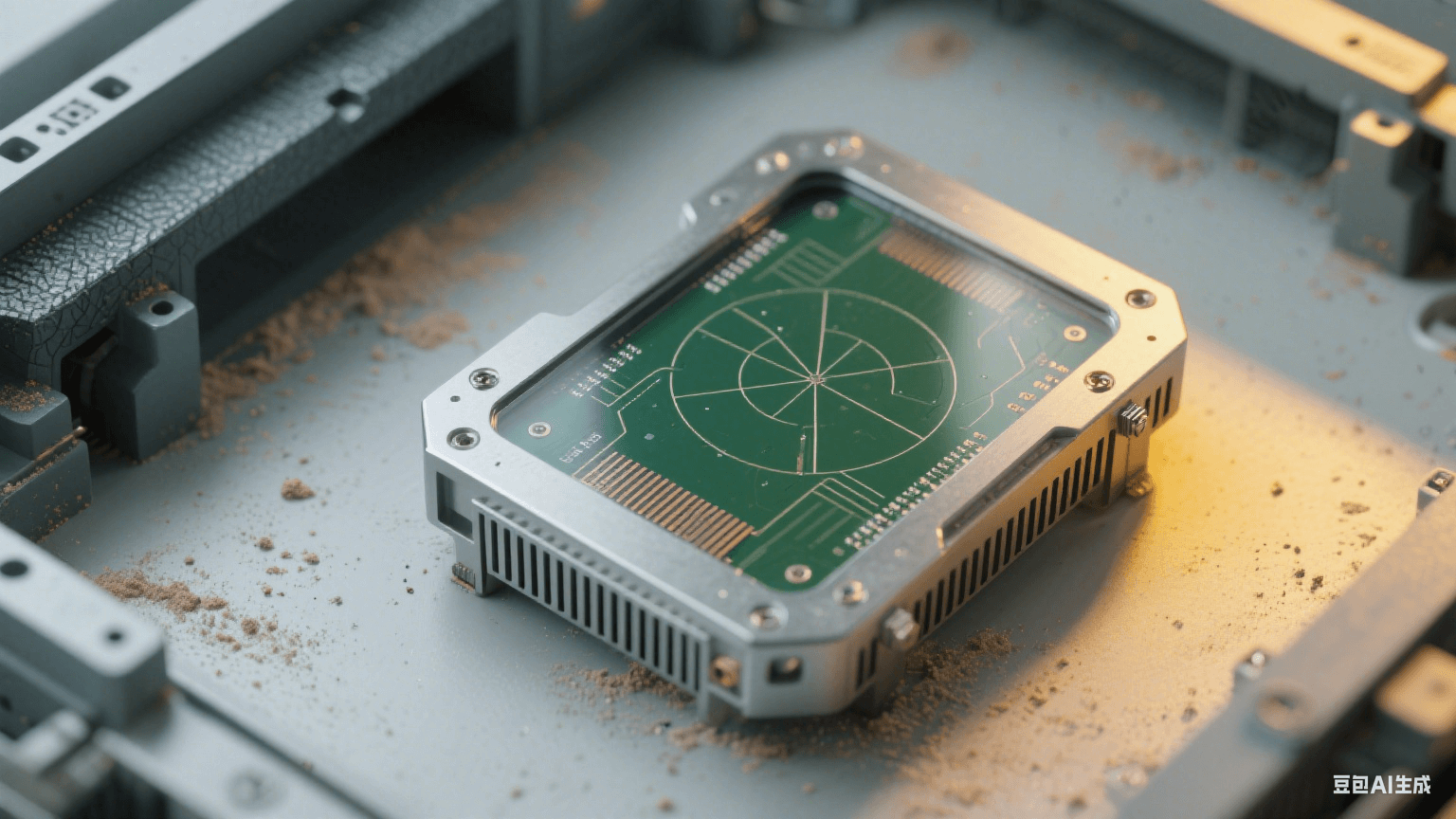 工業(yè)毫米波雷達板環(huán)境：深綠色雷達板傾斜嵌入淺灰設(shè)備，表面覆透明三防漆，銀灰色屏蔽罩帶接地彈片，周圍有細微粉塵顆粒，深灰金屬支架帶振動紋理