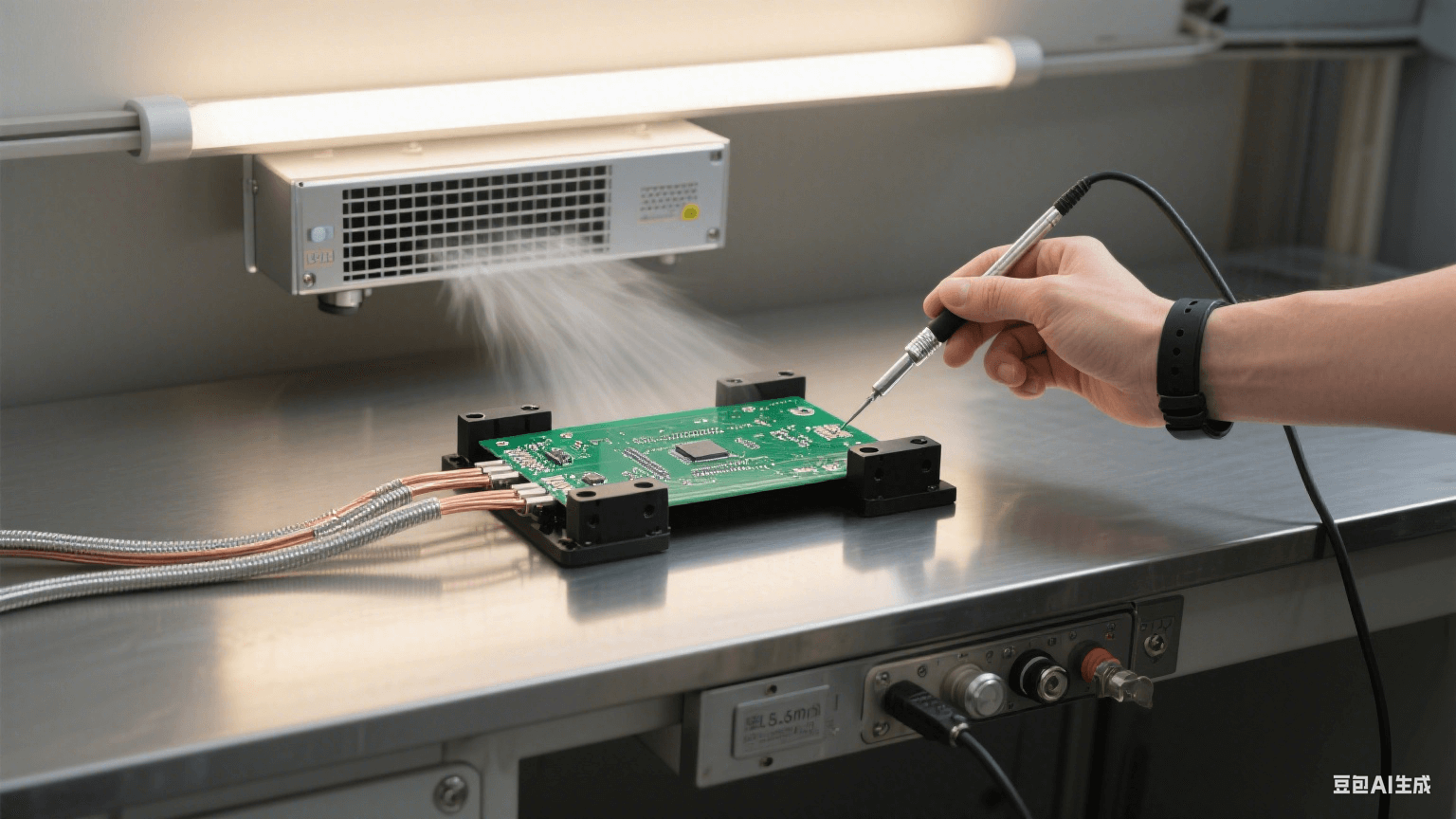 測(cè)試環(huán)節(jié)防護(hù)：銀灰色測(cè)試臺(tái)固定 PCB，黑色夾具連多股銅纜接地，上方離子風(fēng)機(jī)吹氣，人員戴防靜電手環(huán)持探針