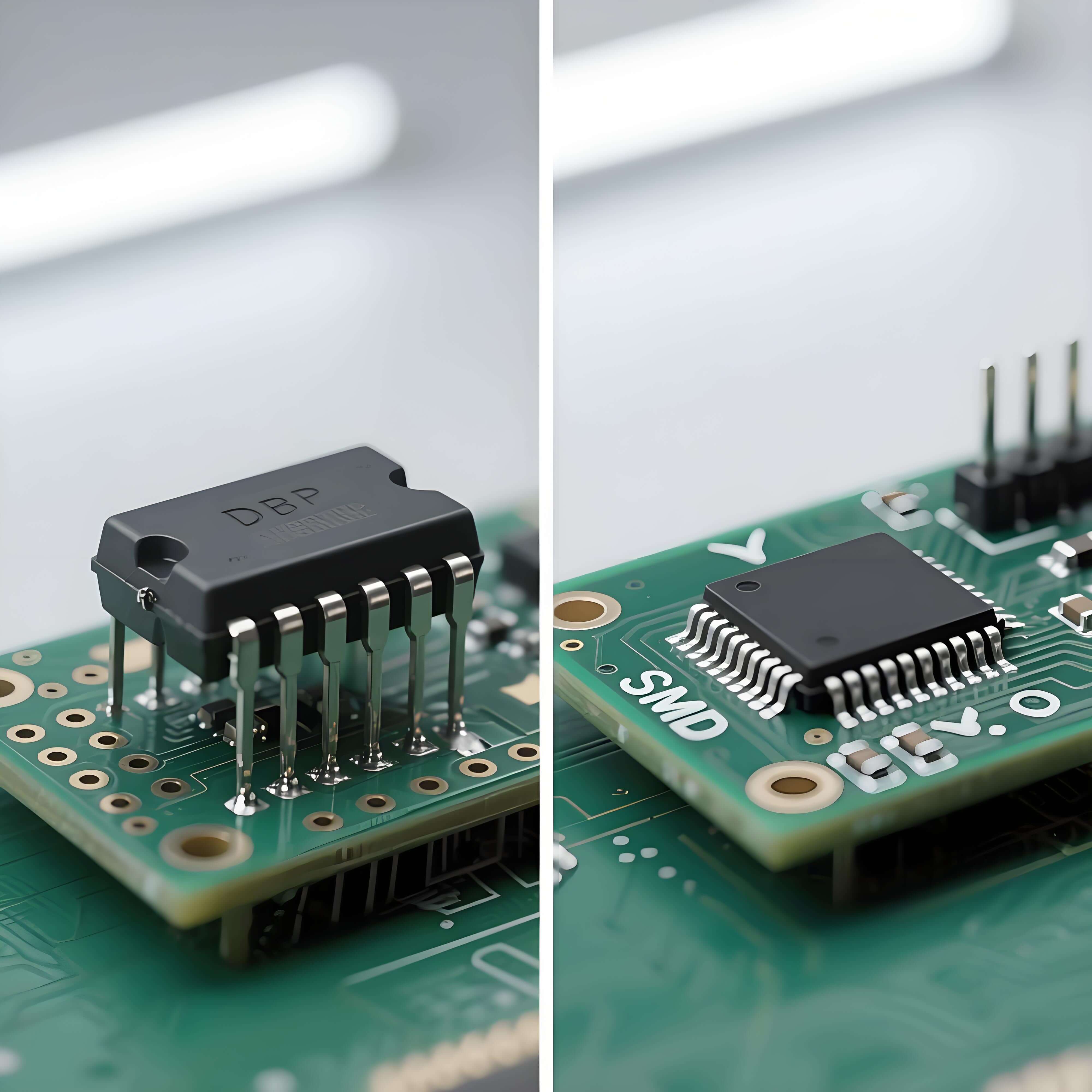 DIP 與 SMT 封裝對比特寫，左側(cè)黑色環(huán)氧樹脂 DIP 芯片雙列直插引腳，右側(cè)銀色 SMT 器件表面貼裝引腳，均置于綠色 PCB 板，顯材質(zhì)與結(jié)構(gòu)差異