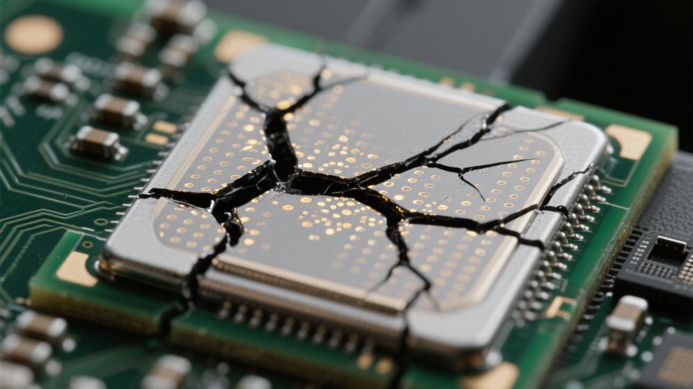 無鉛焊料熱疲勞裂紋擴展微觀路徑 黑色裂紋貫穿銀灰色焊料基體 深綠色 PCB 焊點可靠性測試