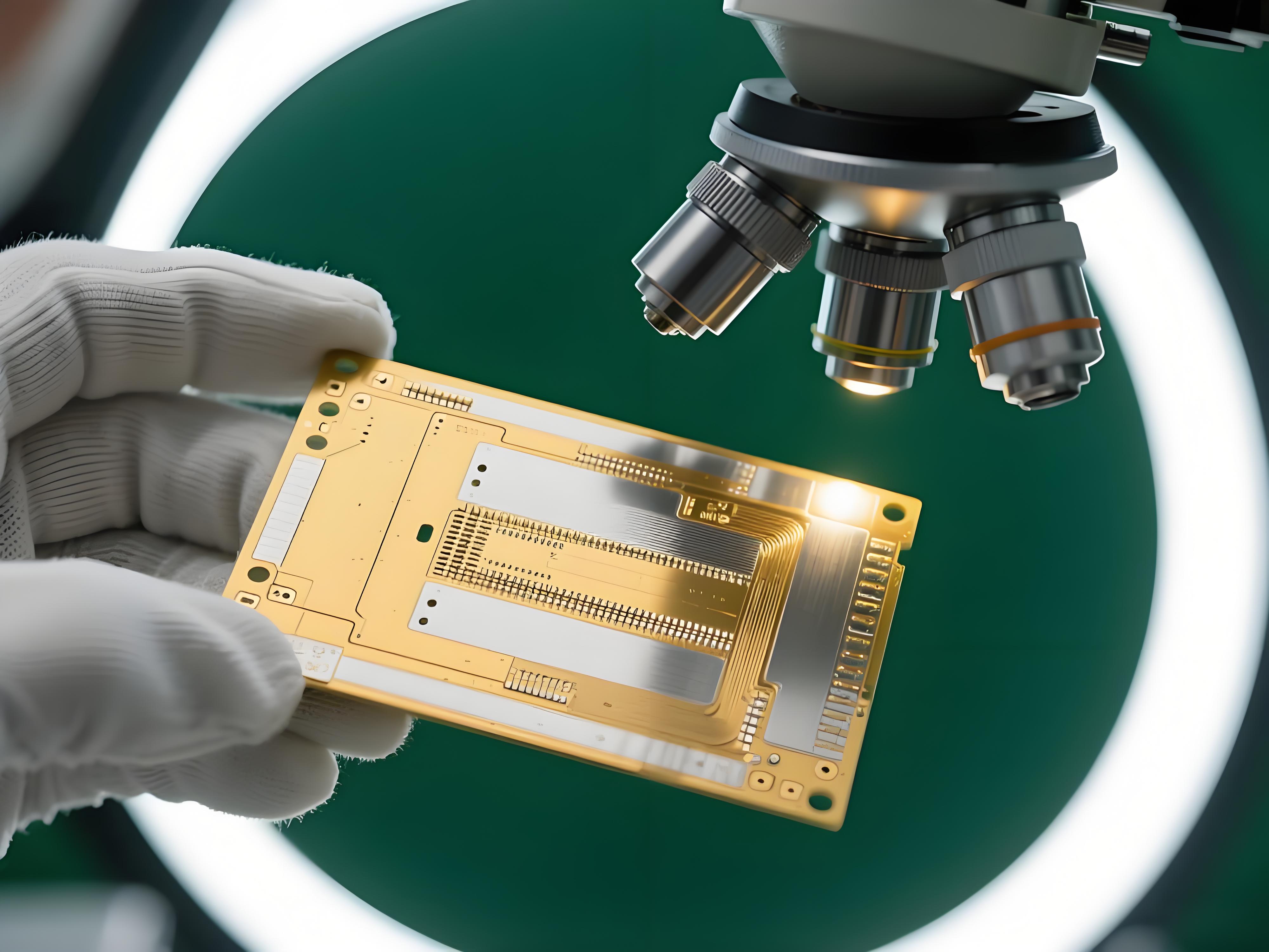 ENIG化金板質量控制檢查場景，展示顯微鏡下的金屬鍍層細節(jié)