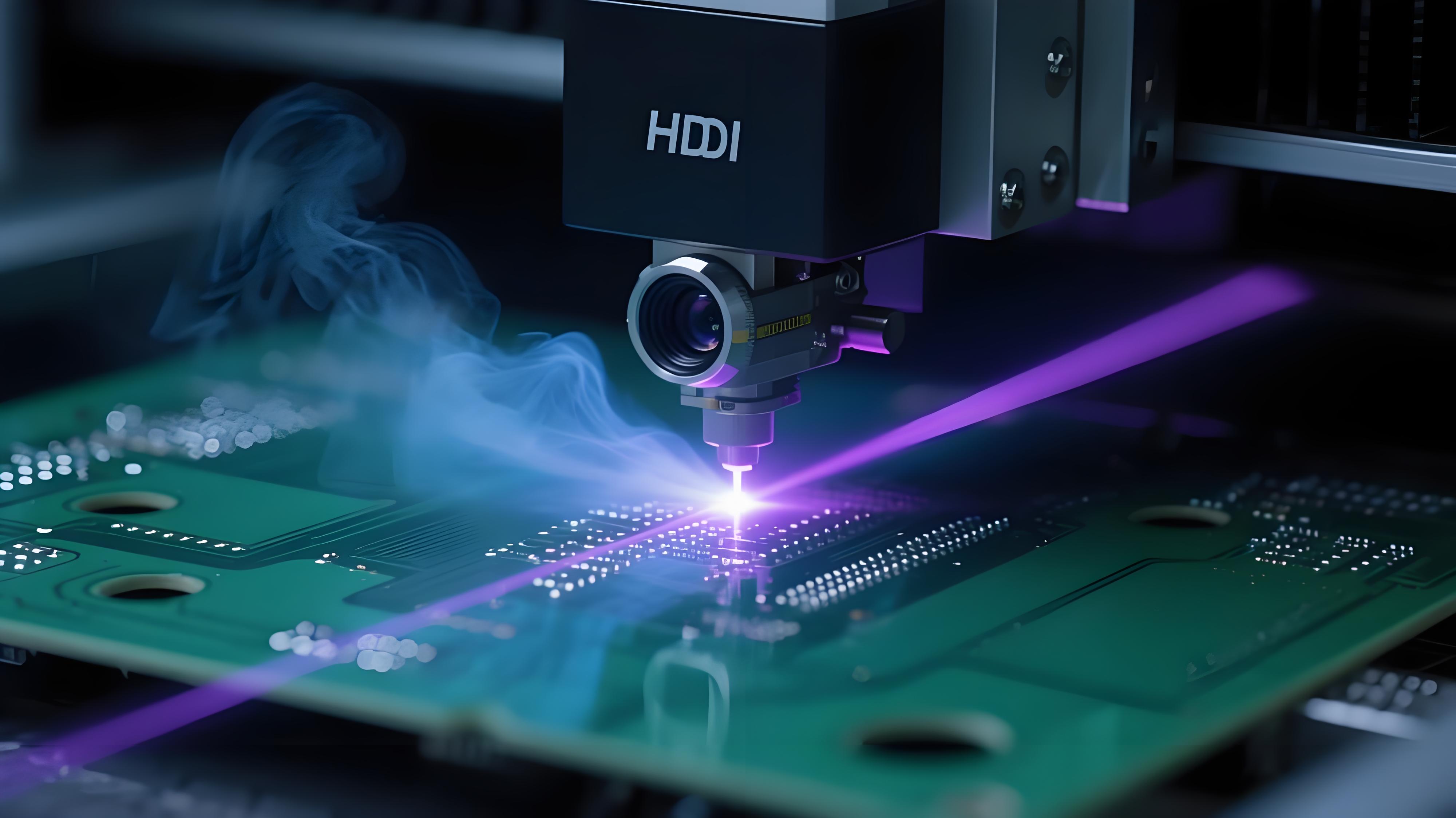 紫外激光鉆孔機(jī)在HDI板上進(jìn)行微孔加工，激光光束聚焦