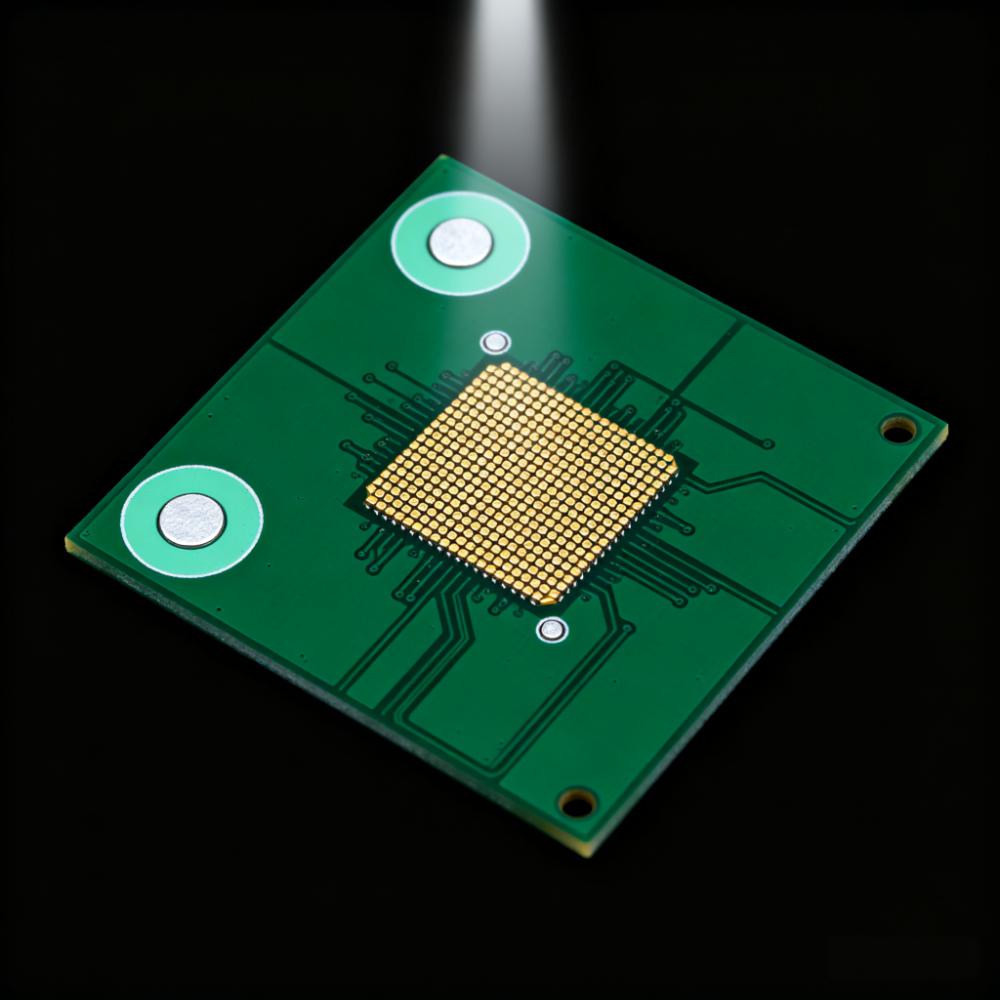 CB拼板基準(zhǔn)點(diǎn)設(shè)計(jì)特寫，對(duì)角全局基準(zhǔn)點(diǎn)（1.2mm+2.4mm無(wú)阻焊區(qū)）與BGA局部基準(zhǔn)點(diǎn)