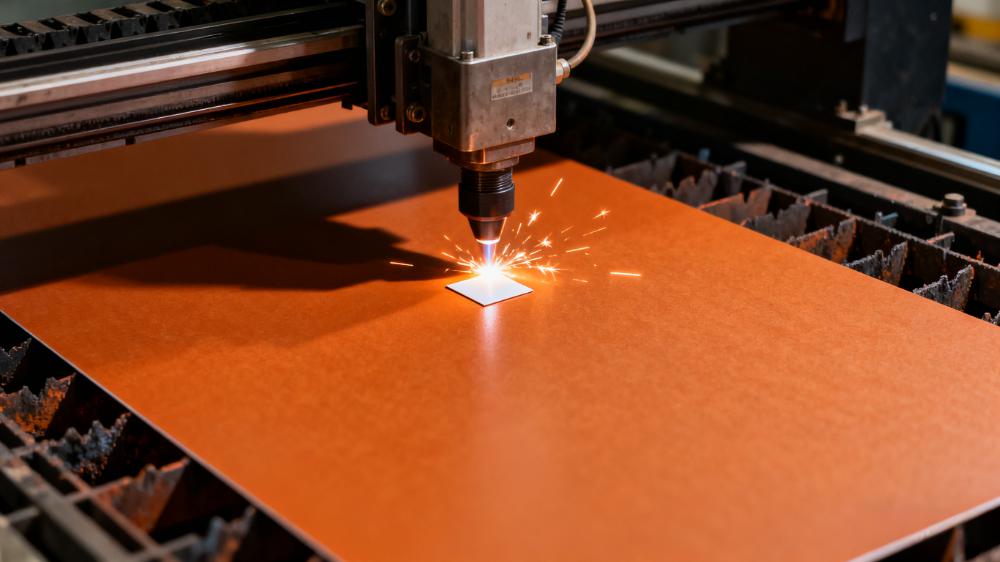 高頻板材介電常數(shù)測試-樣品制備流程，激光切割機(jī)正在精密切割PTFE高頻板材樣品