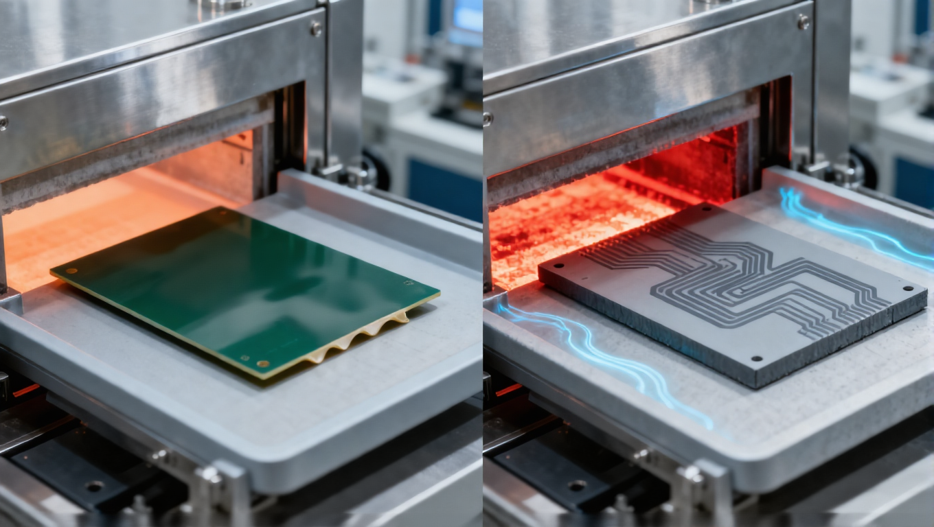 LTCC與HTCC燒結(jié)工藝對比場景，850-900℃淡橙色光適配銀漿線路，1600-1800℃深紅色光適配鎢漿線路