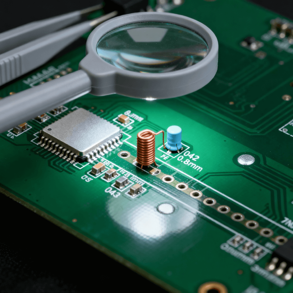 射頻前端 PCB 無源元件布局場景，匹配元件貼近芯片 + 饋電電感垂直放置 + 饋點凈空