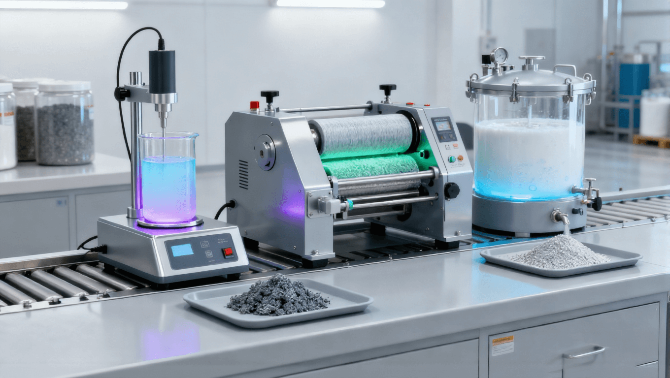 石墨烯多級(jí)分散工藝場(chǎng)景，超聲+三輥研磨+脫泡實(shí)現(xiàn)顆粒＜2μm均勻分散