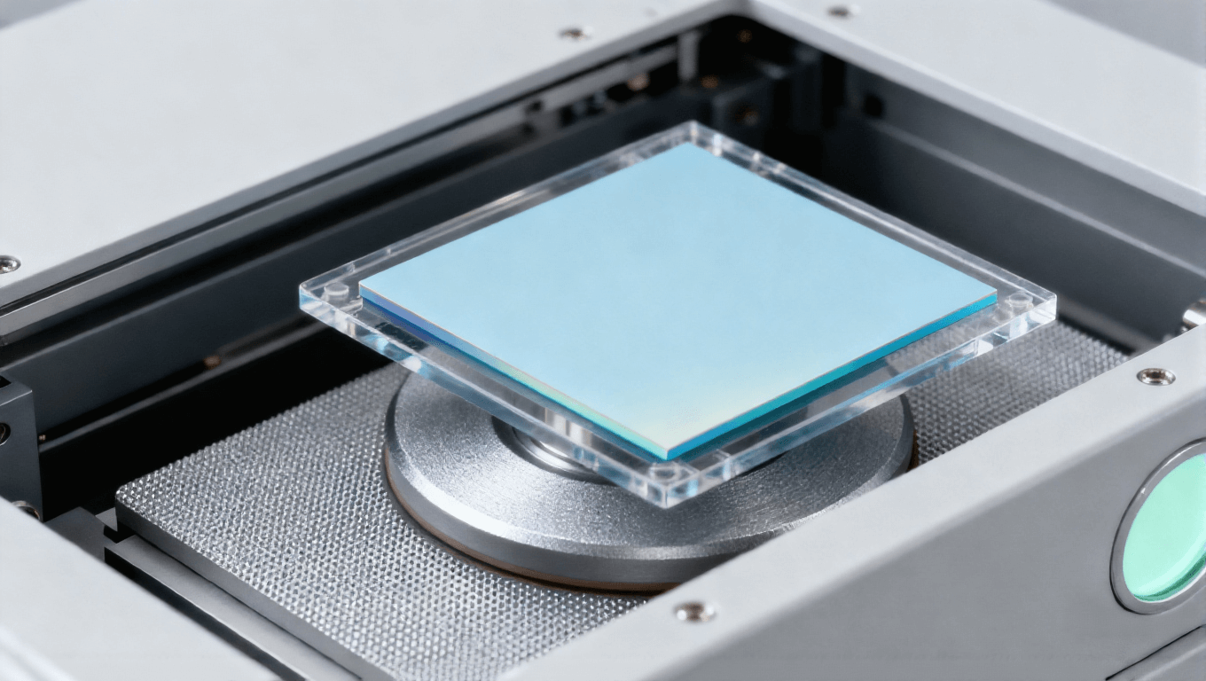 芯片減薄工藝，淡藍(lán)色芯片與研磨頭，減薄設(shè)備內(nèi)部場(chǎng)景