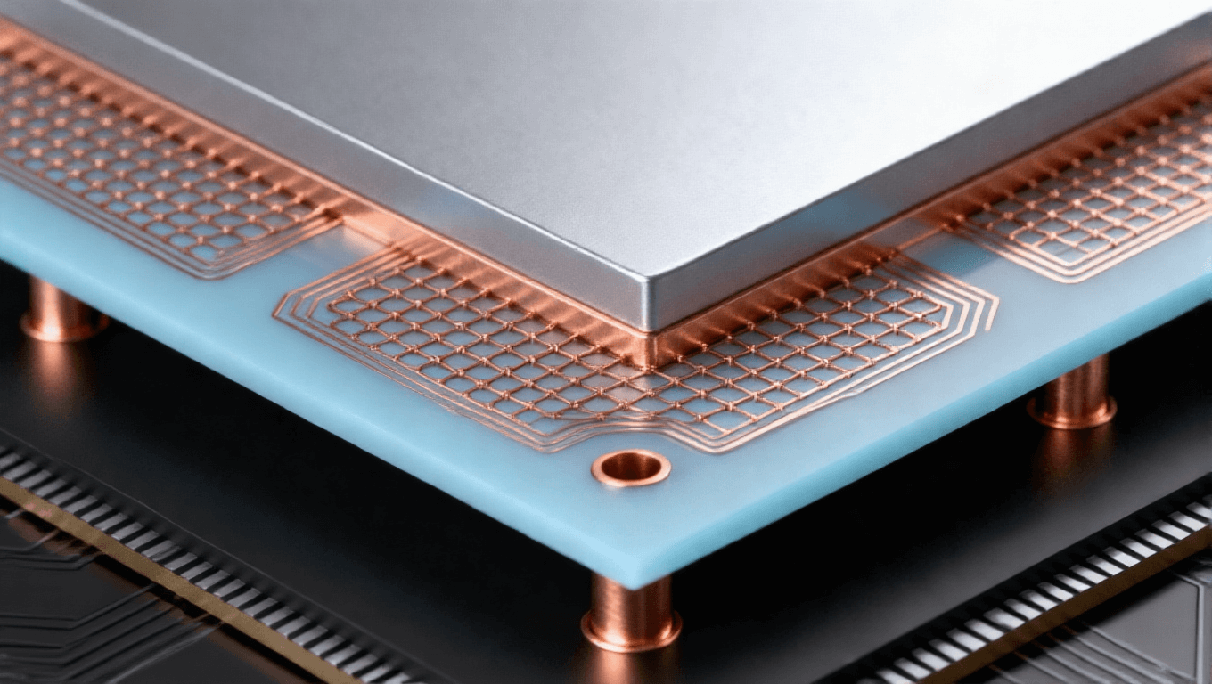 三維堆疊硅中介層，淡藍(lán)色硅片與銅色互連線路