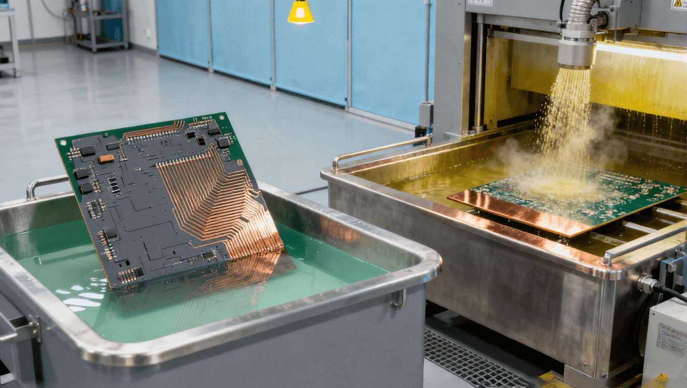 汽車電子高端PCB的mSAP工藝制造場景，展示電鍍槽、差分蝕刻設備及PCB基板，車規(guī)級PCB生產環(huán)境