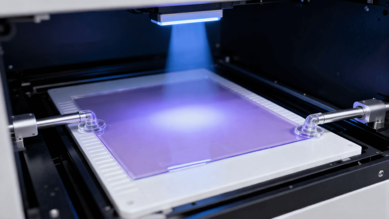 PCB改良型半加成法mSAP工藝光刻顯影環(huán)節(jié)，展示臥式光刻設備、透明PI基板、淡紫色光刻膠及紫外光，高端PCB光刻場景