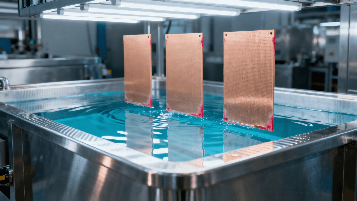 PCB半加成法SAP工藝化學鍍銅工序場景，展示立式銀灰色金屬鍍銅槽、透明藍色鍍液及FR-4基板，高端PCB制造車間環(huán)境