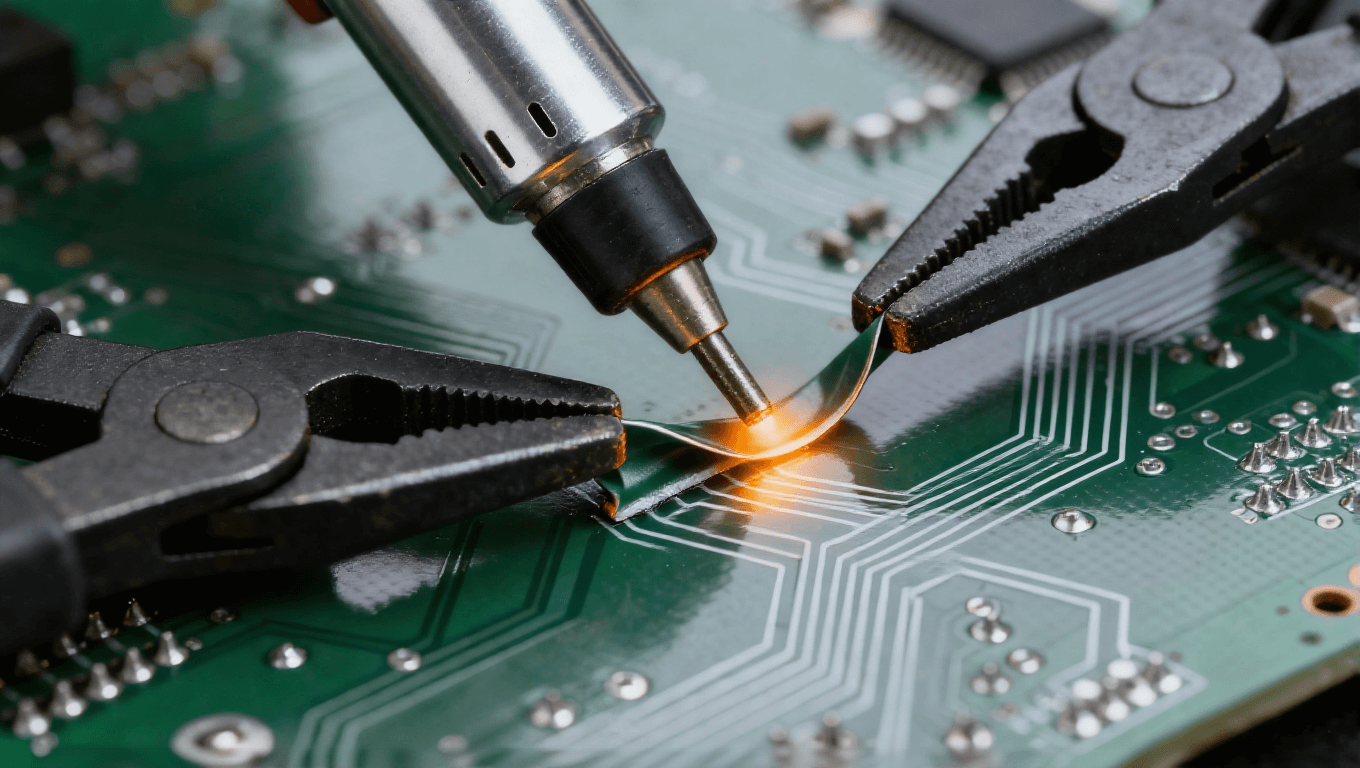 局部矯正工藝使用熱風(fēng)槍與壓力鉗修復(fù)電路板角部翹曲