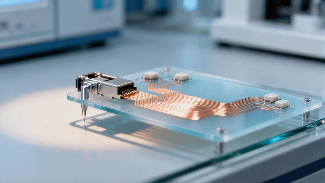 實驗室測試光模塊 PCB 淡藍(lán)色低 Dk 基材 淺橙色銅箔線路 金屬測試探針 電子測試場景 冷光光影