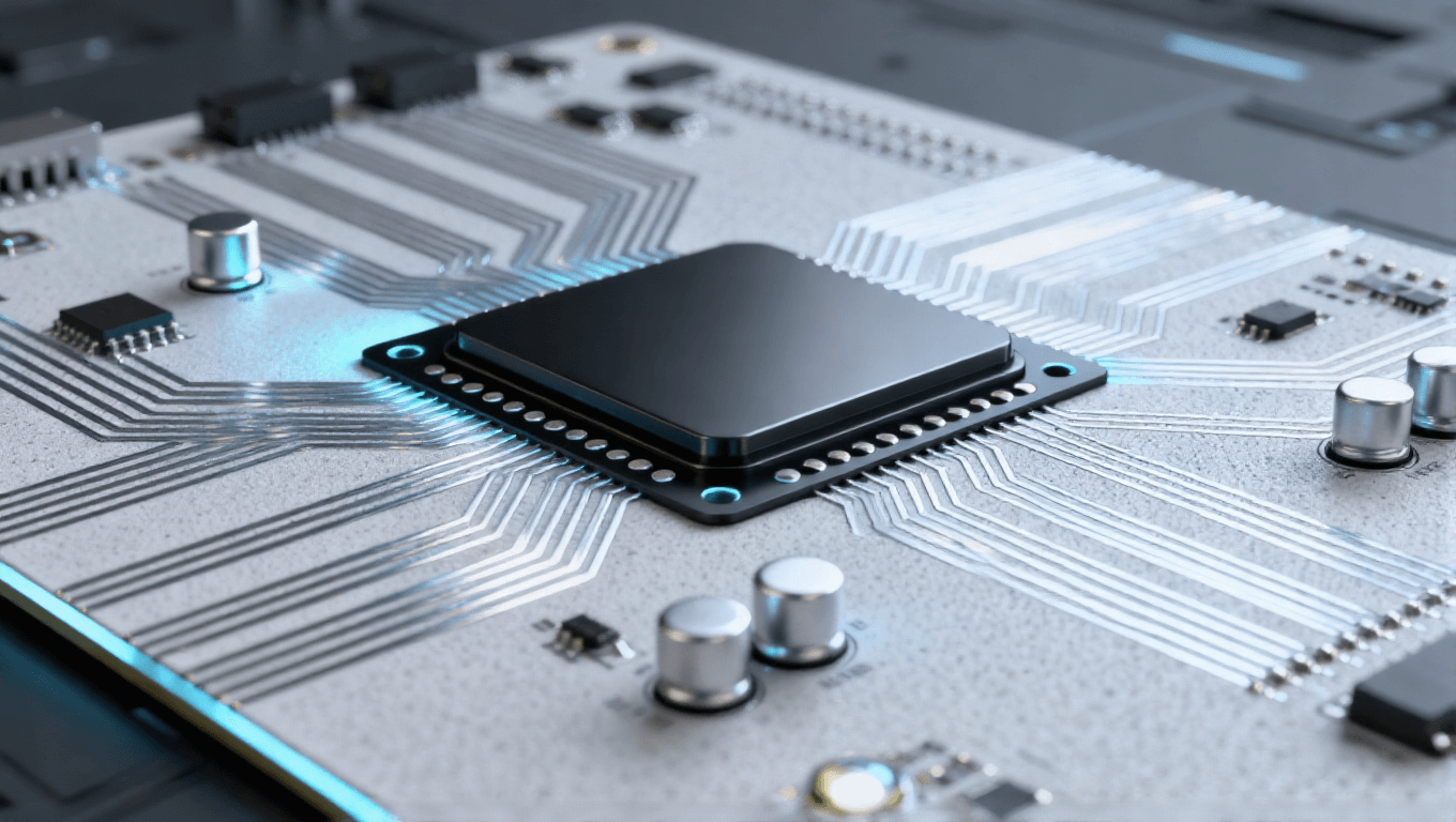 光模塊 PCB 微距特寫 多層結(jié)構(gòu) 銀銅色精密線路 啞光黑熱沉 散熱孔陣列 科技實驗室背景 冷色調(diào)科技感