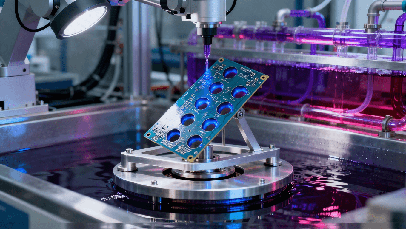 現(xiàn)代化實(shí)驗(yàn)室中的水平電鍍設(shè)備特寫，展示精密PCB電鍍工藝  