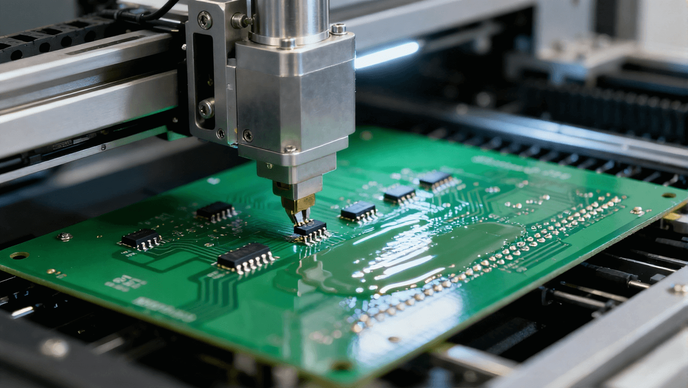 自動化貼片機機械臂抓取元器件，對準(zhǔn)綠色 PCB 焊盤的 SMT 貼裝工序，焊盤涂有高亮焊膏.png