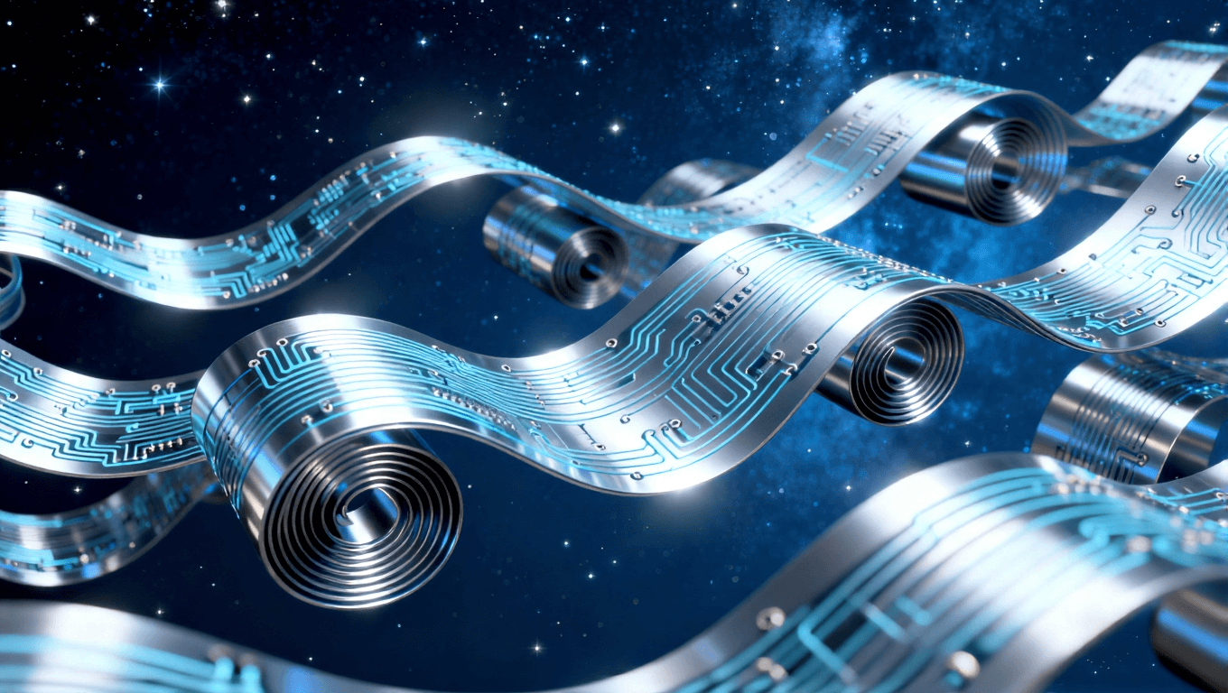 多形態(tài)可折疊電路板三維展示，體現(xiàn)超彈性材料支持的卷曲、螺旋等未來設(shè)備形態(tài)