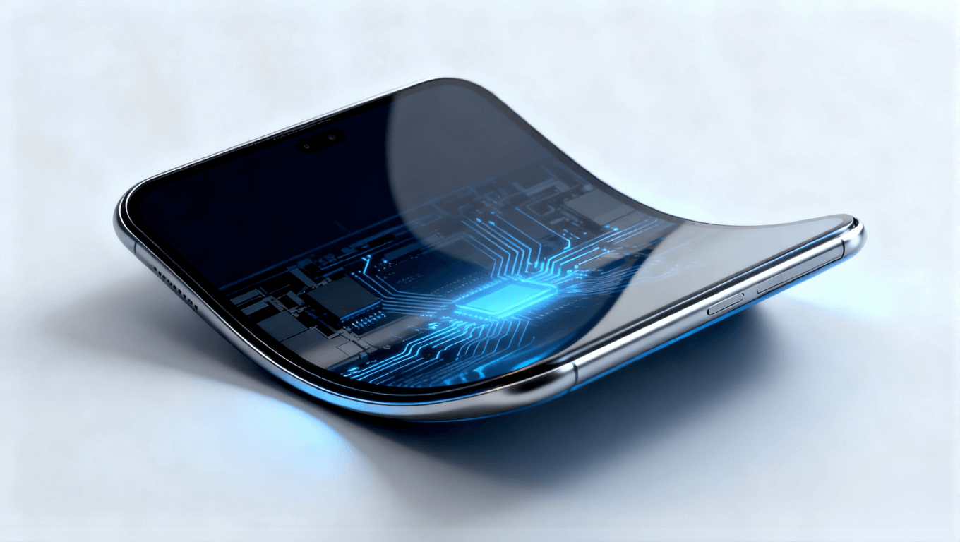 可折疊電子設(shè)備概念圖，展示超彈性材料支撐的柔性電路與無(wú)縫折疊設(shè)計(jì)