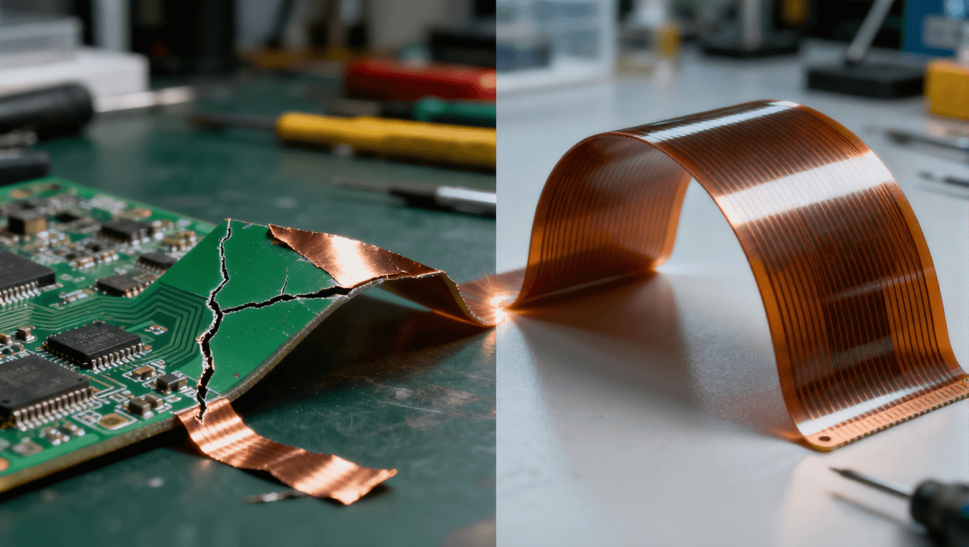 傳統(tǒng)剛性電路板與超彈性柔性電路板彎折對(duì)比，凸顯柔性電路在反復(fù)折疊下的耐用性