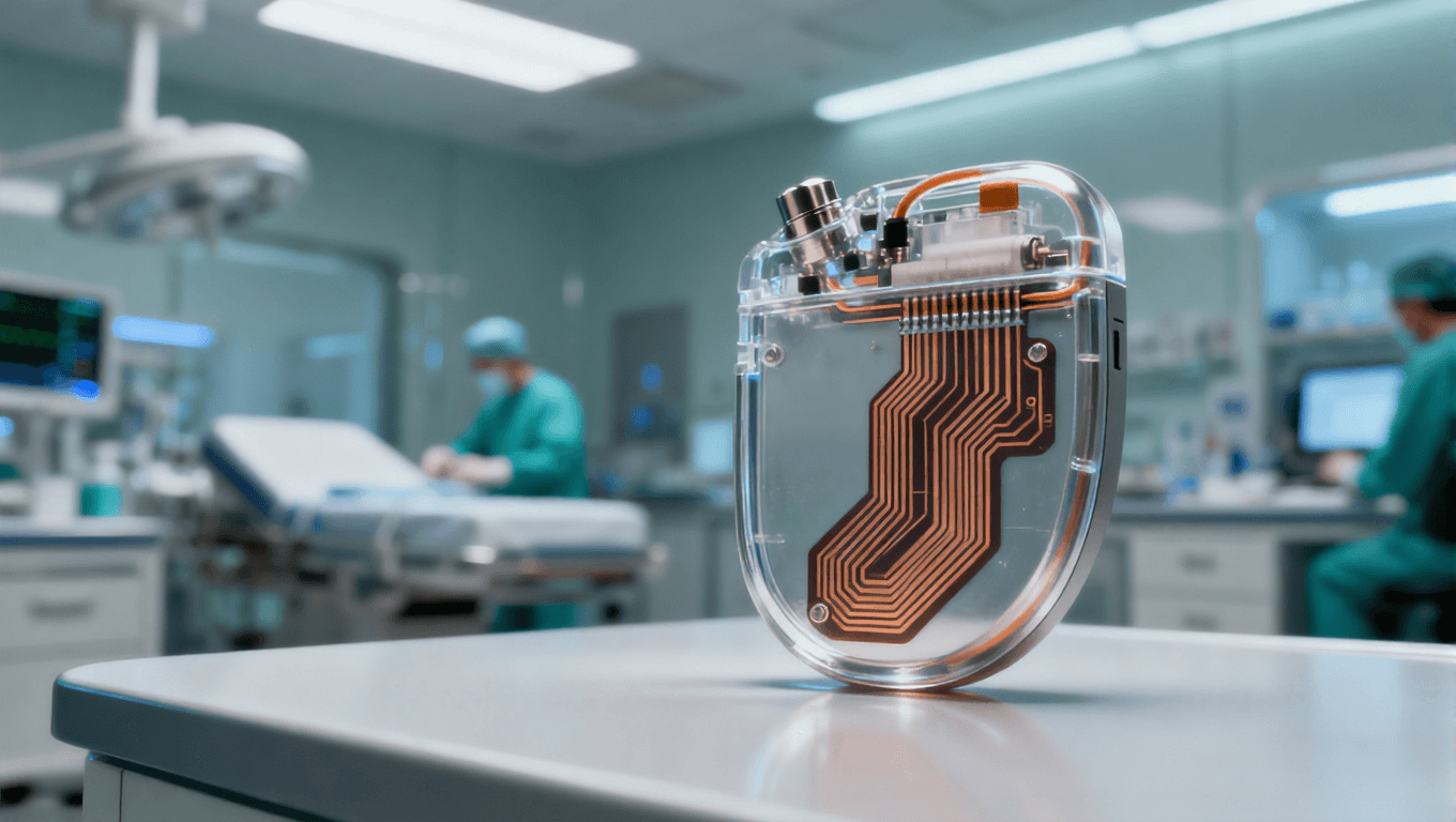 潔凈醫(yī)療環(huán)境中的植入式心臟起搏器，聚焦內(nèi)部 PI 薄膜電路板的精密結(jié)構(gòu)