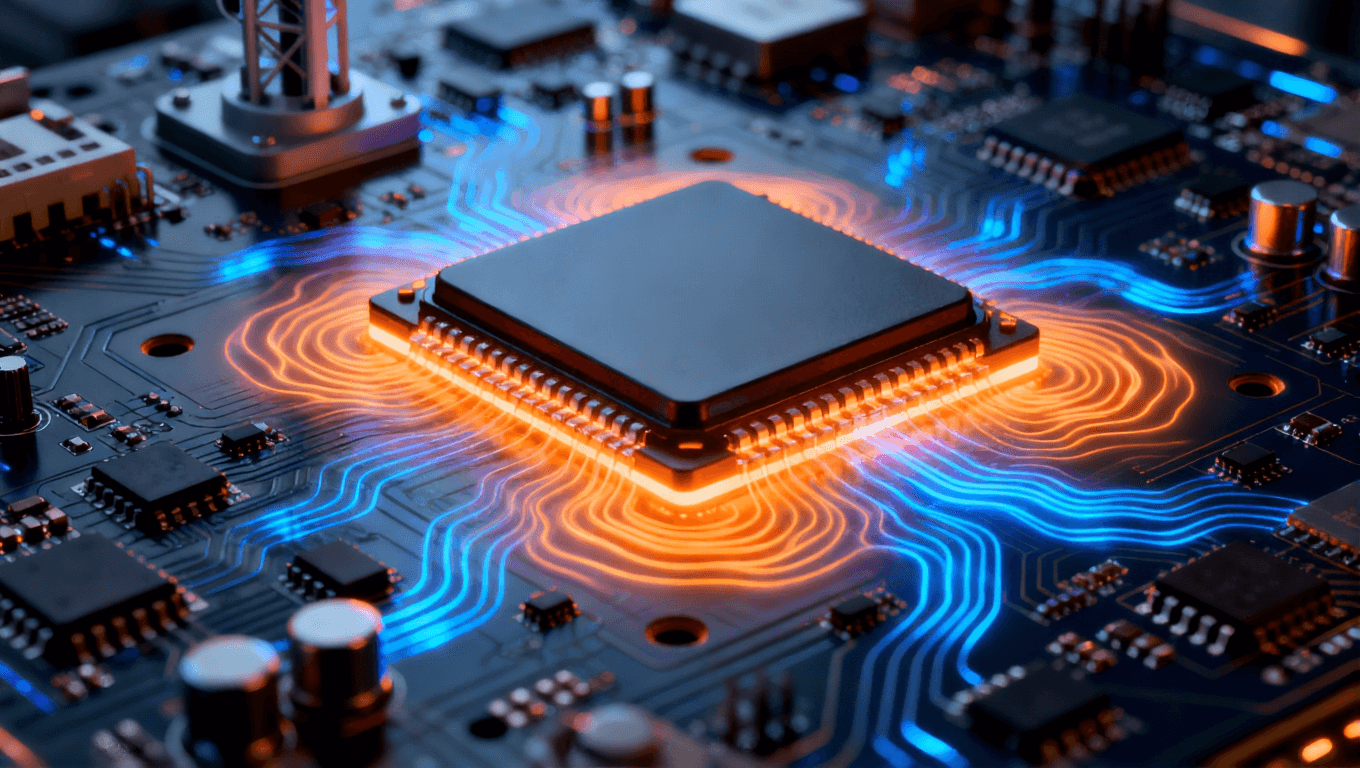 5G通信基站，安裝高功率組件的電路板，動(dòng)態(tài)熱流圖案，橙藍(lán)色熱管理光效