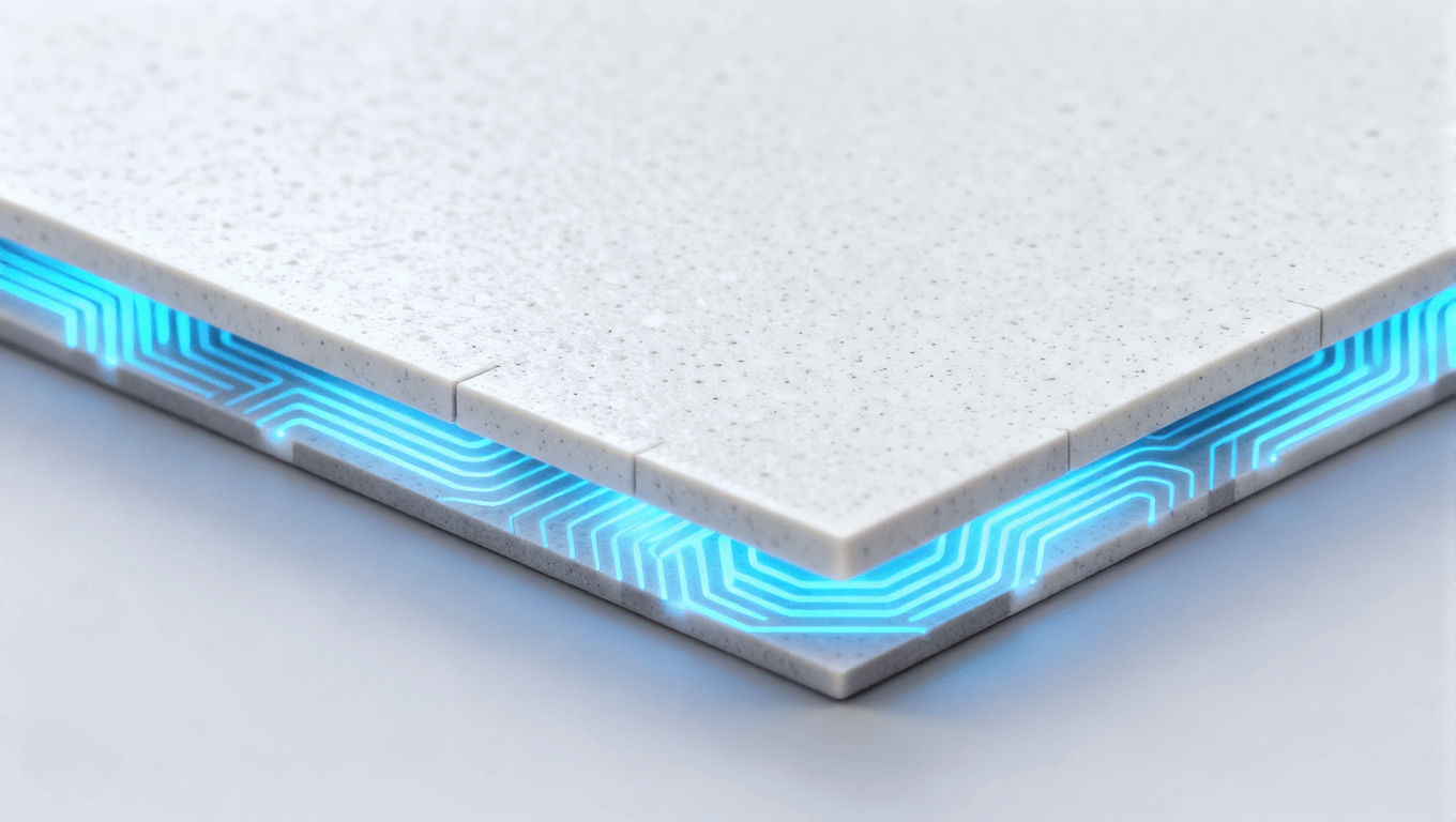 高端陶瓷電路板材料，細(xì)膩質(zhì)感，輕微發(fā)光，白色與灰色調(diào)，精準(zhǔn)切割邊緣，藍(lán)色散熱圖案