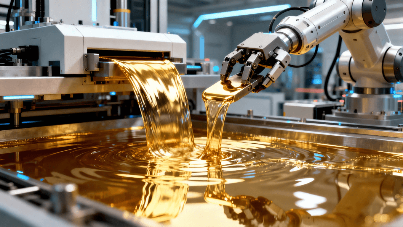 未來高科技的PCB鍍鎳金工藝，展示無氰鍍金技術與自動化生產線，機器人臂操作現(xiàn)代化設備