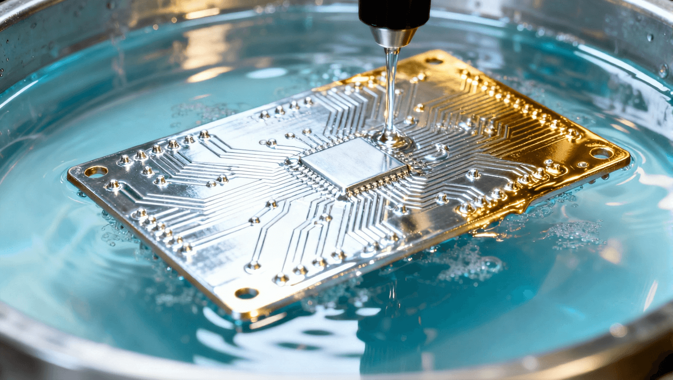 電路板鍍鎳金過程中的細(xì)節(jié)，顯示鍍層的均勻性與光澤