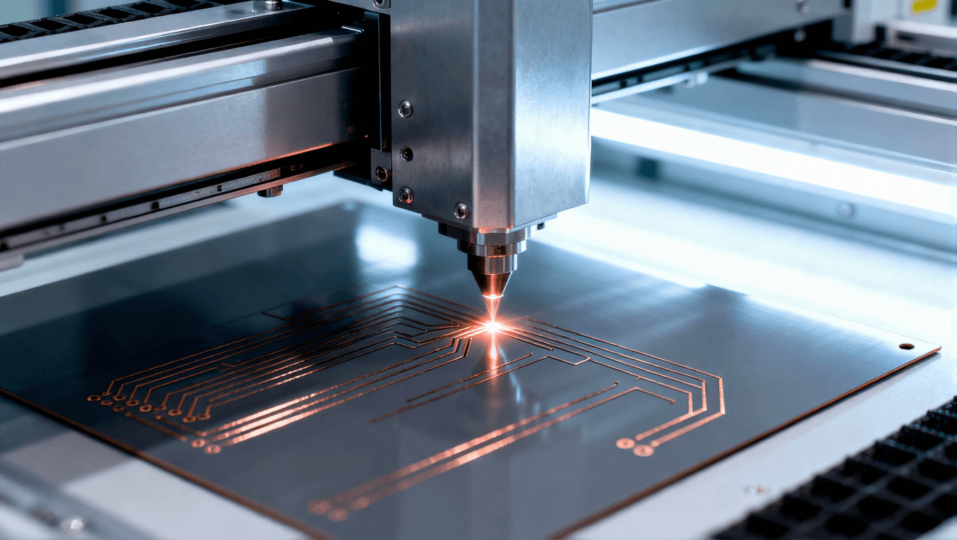 無塵車間內(nèi) 激光束蝕刻 PCB 板走線的工業(yè)場(chǎng)景