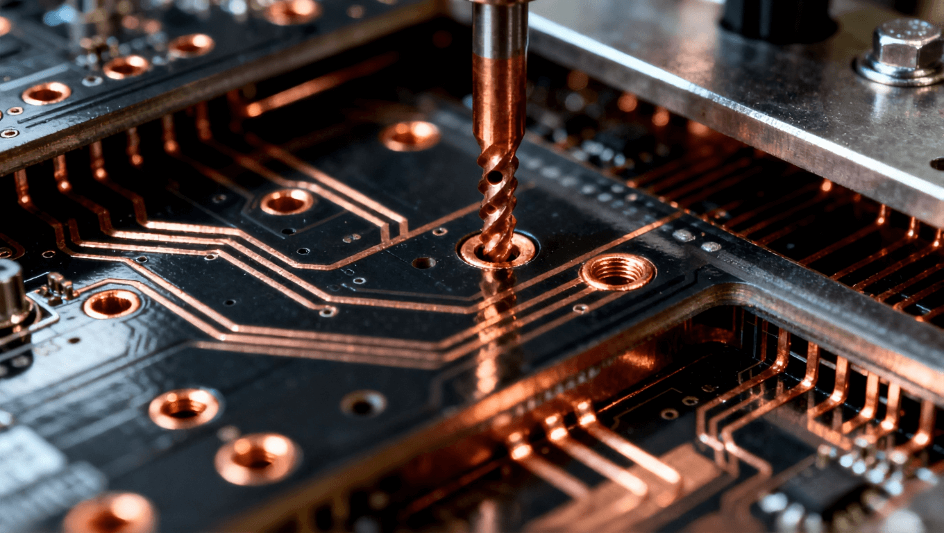 多層PCB的詳細(xì)視圖，展示銅層連接和鉆孔，突出層間復(fù)雜的導(dǎo)電連接