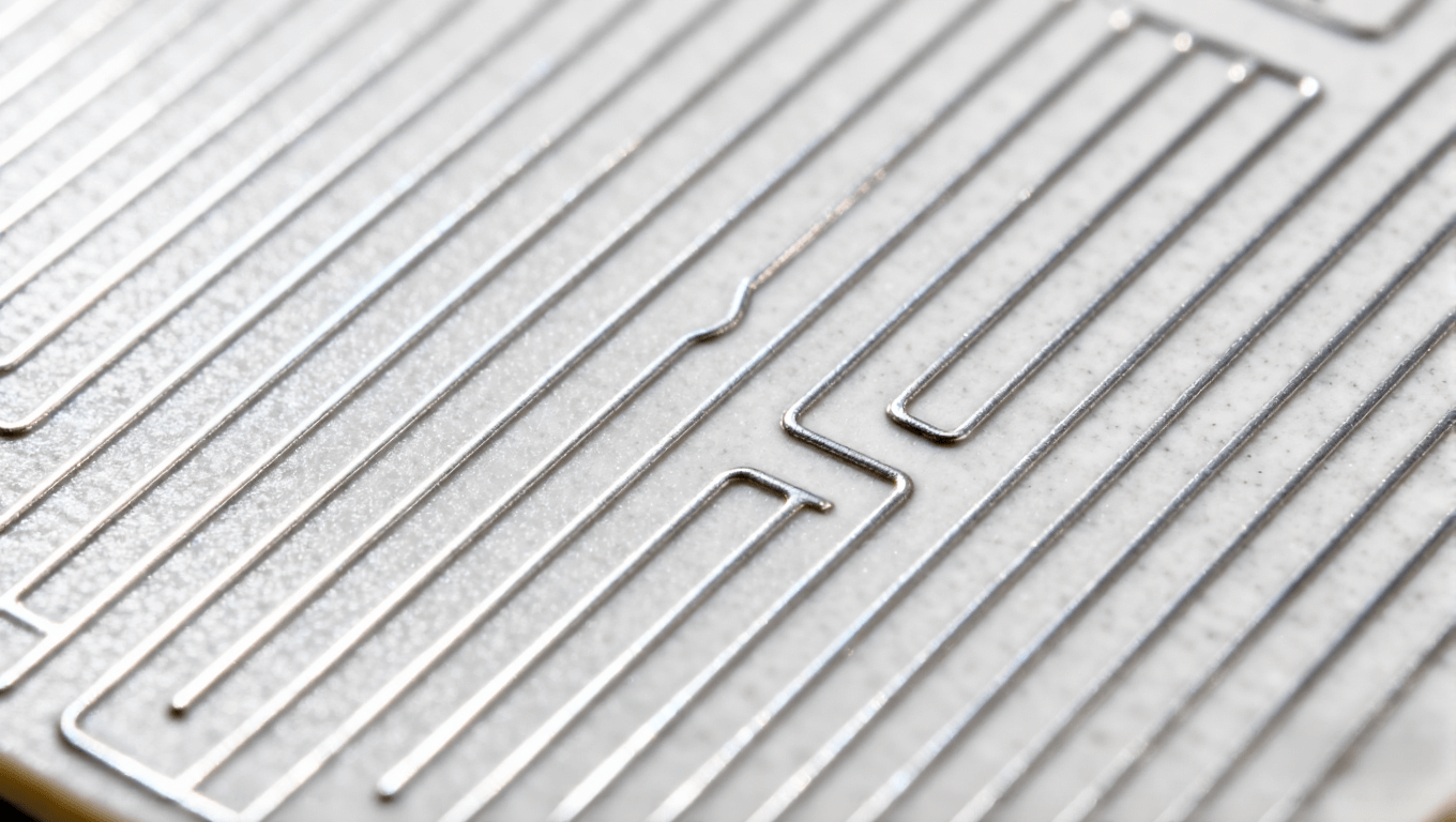 淺灰色陶瓷基板表面分布著間距一致的10-20μm超精細(xì)銀灰色金屬線路