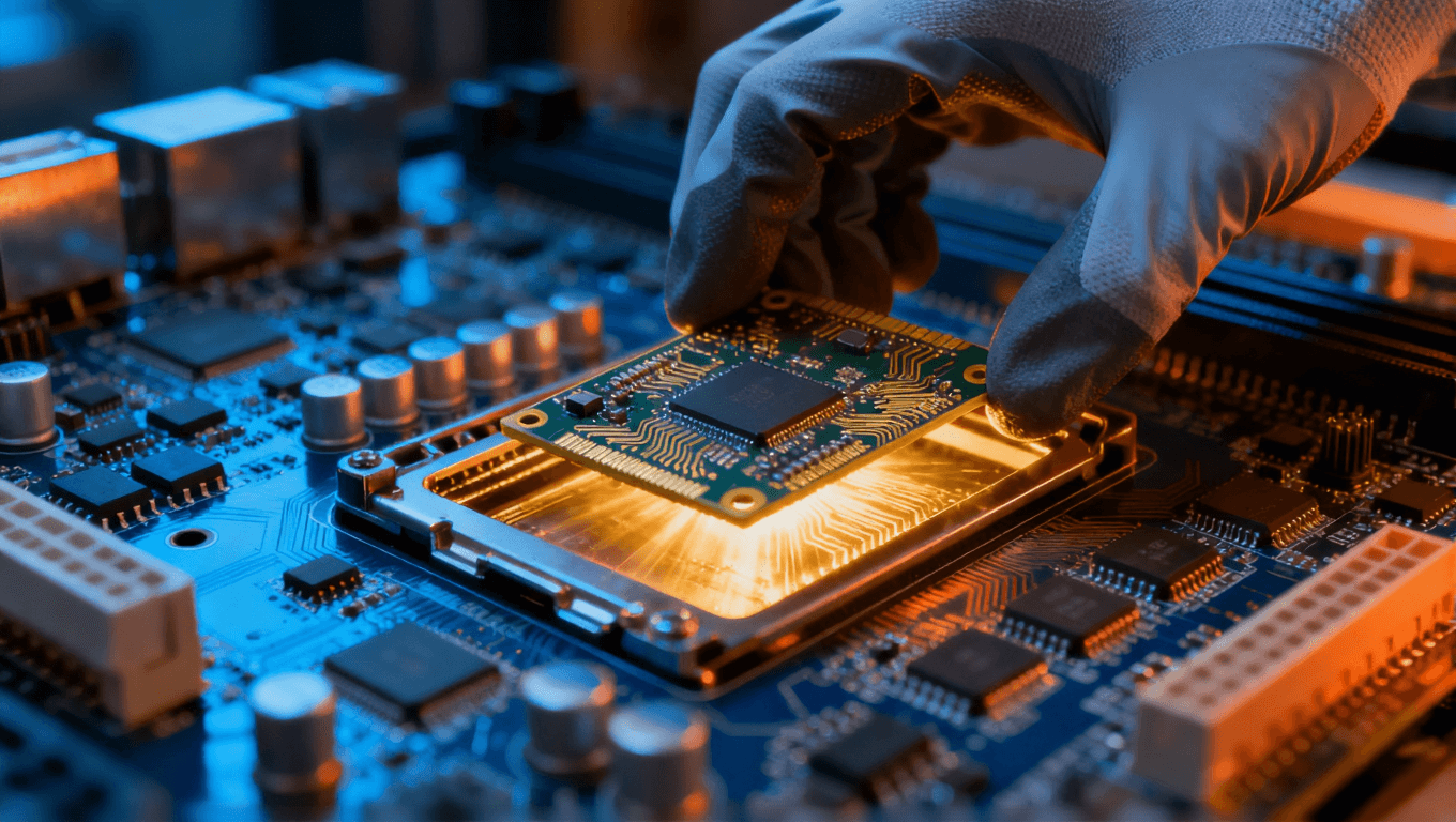 工程師將高頻電路板精準(zhǔn)嵌入系統(tǒng)主板，金色光芒體現(xiàn)參數(shù)匹配與性能優(yōu)化的完美結(jié)合