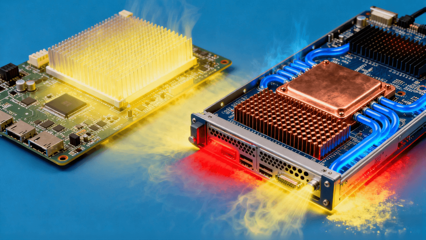 AI服務(wù)器PCB復(fù)合散熱技術(shù)應(yīng)用，展示金屬基板、散熱過(guò)孔與液冷系統(tǒng)在高溫環(huán)境下的協(xié)同工作
