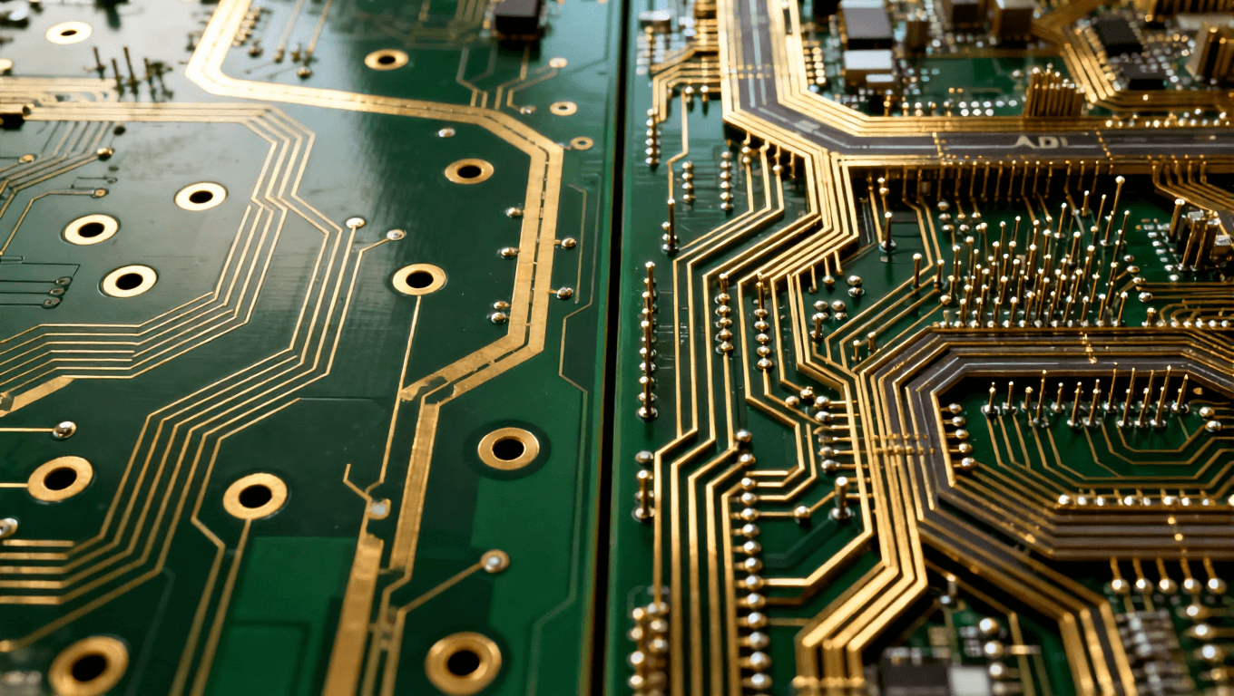 高密度互連HDI布線在AI服務(wù)器PCB中的應(yīng)用，對(duì)比普通PCB寬松布局，突出精密排布與空間優(yōu)化