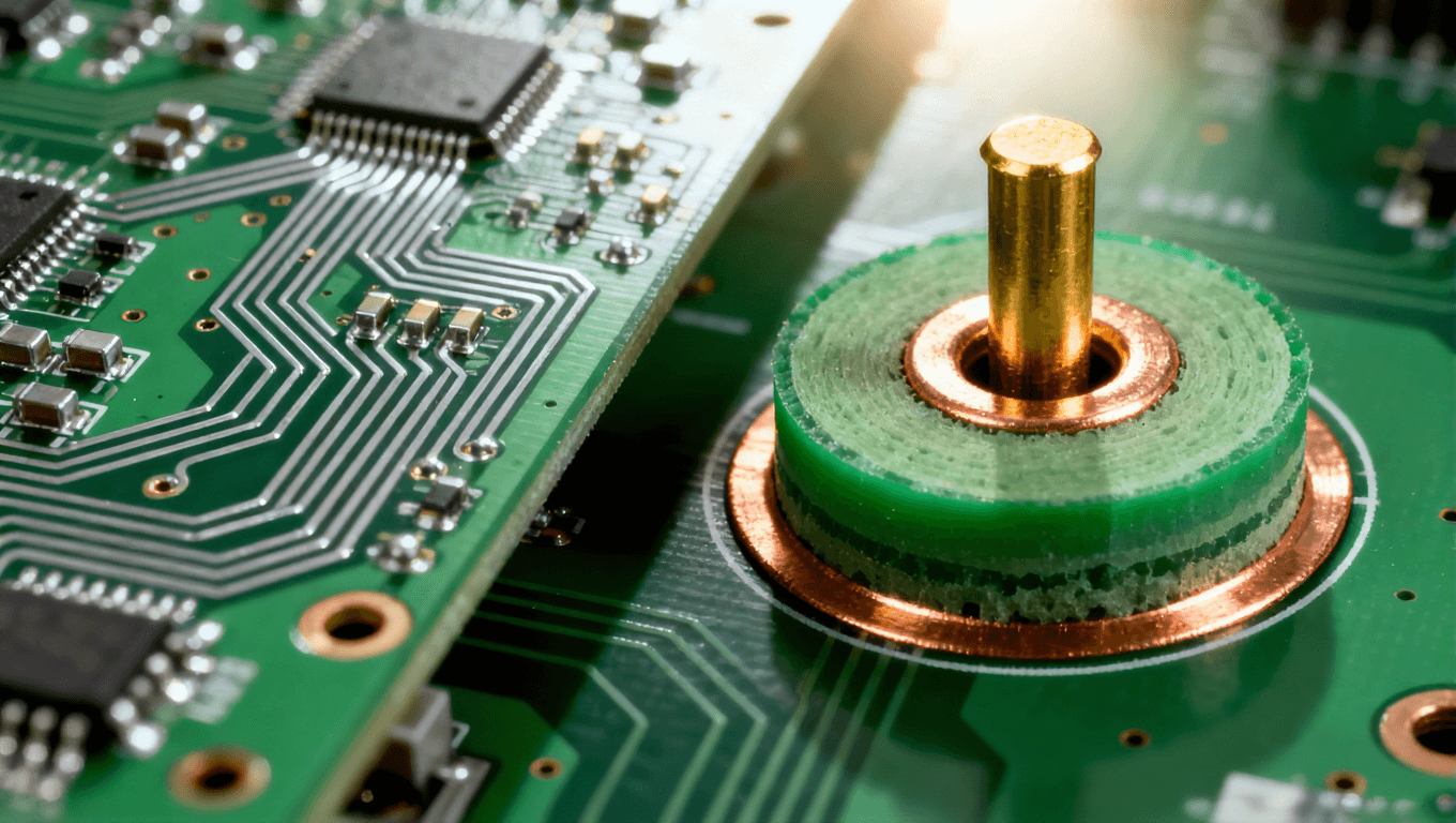 PCB一階過(guò)孔橫截面結(jié)構(gòu)示意圖，展示過(guò)孔貫穿所有層且僅頂層底層有焊盤(pán)