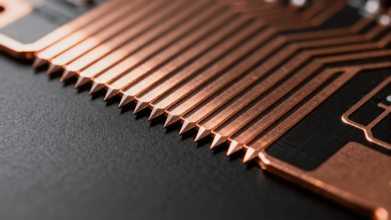 高密度PCB線路微觀視圖，展示精細線寬與間距控制，適用于HDI板和5G設(shè)備應(yīng)用