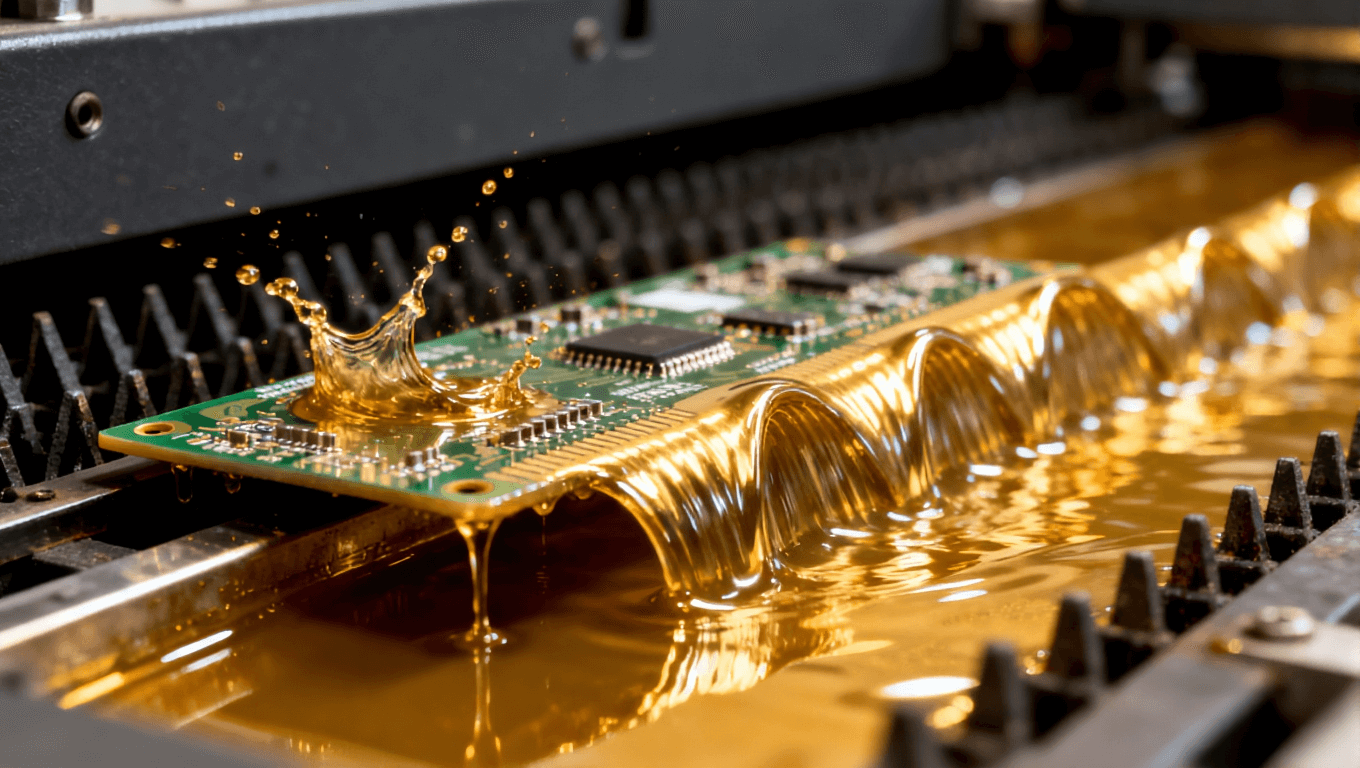 波峰焊過(guò)程中液態(tài)焊料波峰與PCB接觸的動(dòng)態(tài)瞬間，突出焊接工藝的流體特性