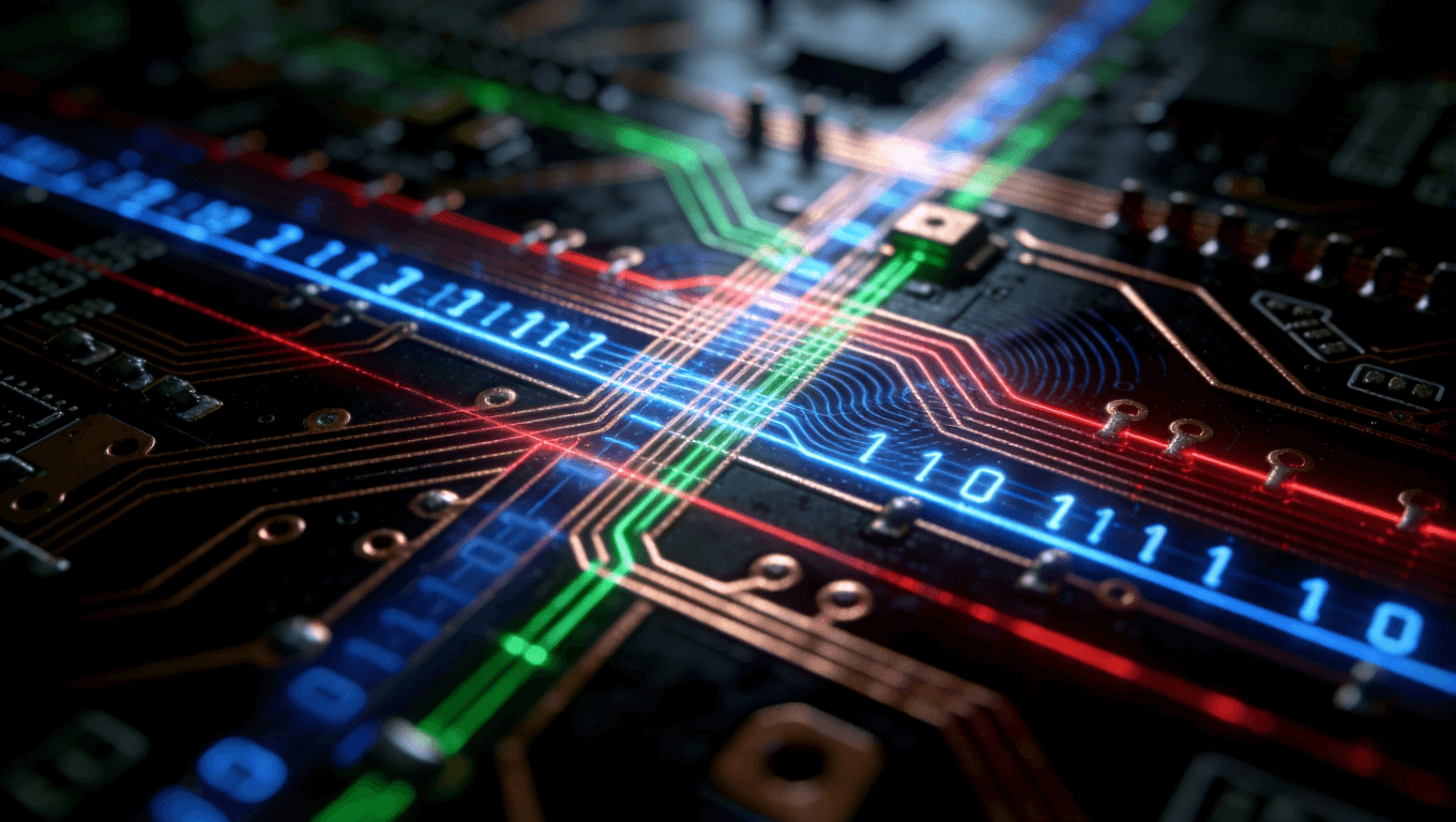 高密度布線中信號串擾挑戰(zhàn)的微距可視化，展示不同類型電流與電磁干擾