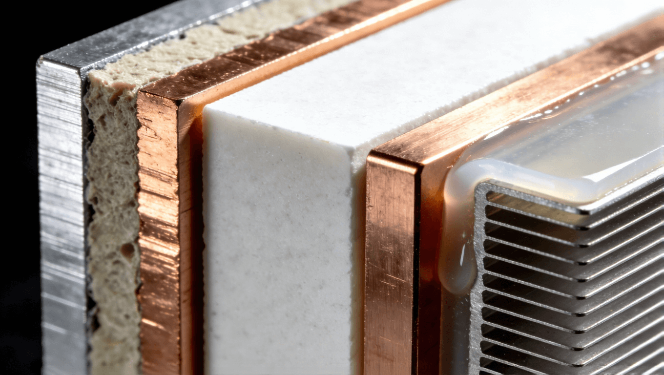 儲能PCB常用高導熱基板與散熱材料展示，包括鋁基、陶瓷基覆銅板和導熱硅膠