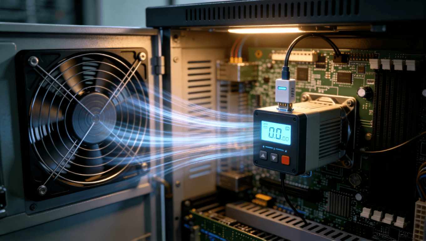 儲能系統(tǒng)智能溫控組件工作示意圖，展示傳感器、控制器與散熱風扇聯(lián)動