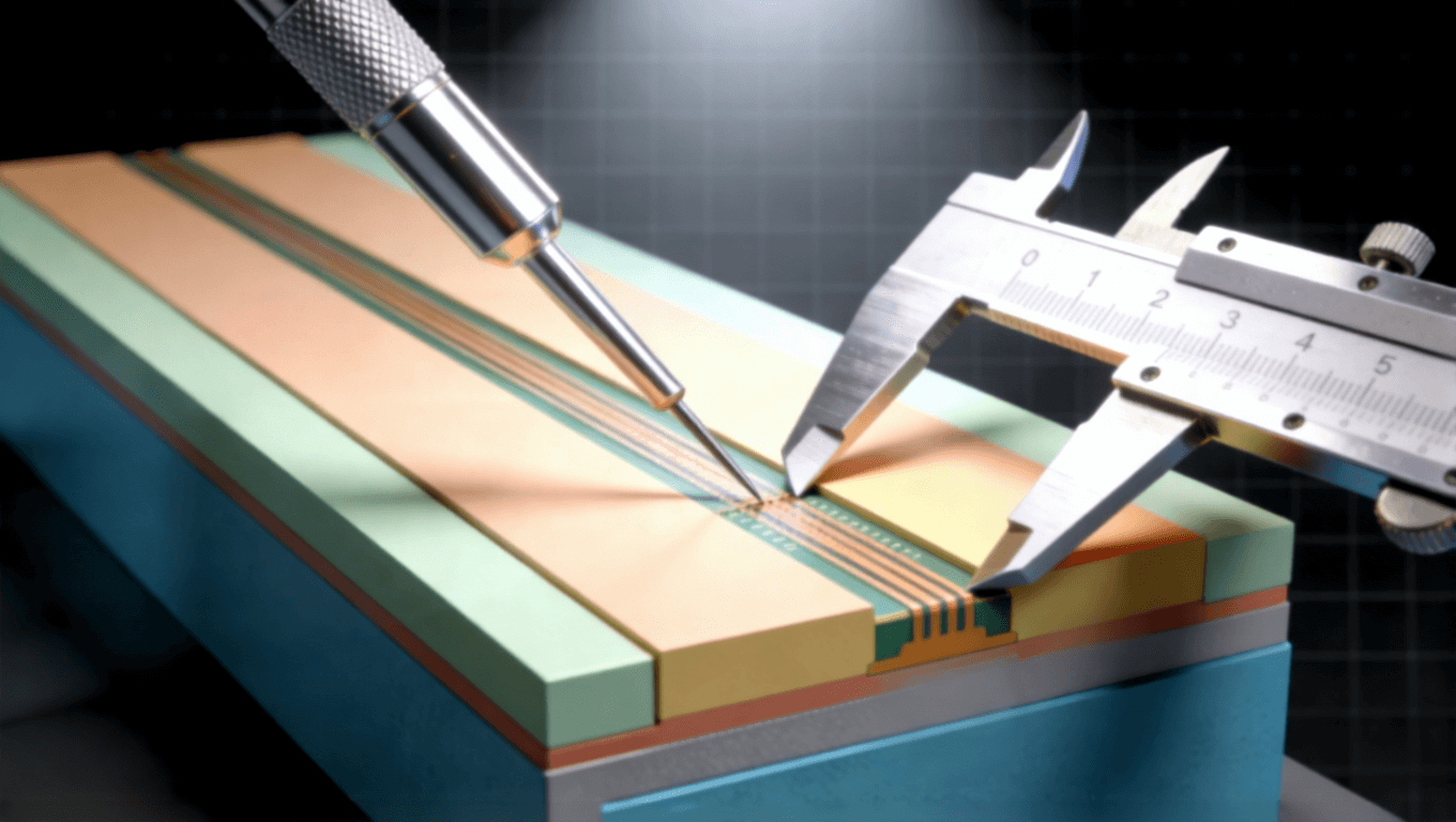 PCB微帶線橫截面幾何參數(shù)測量3D渲染示意圖，展示線寬銅厚對阻抗的影響