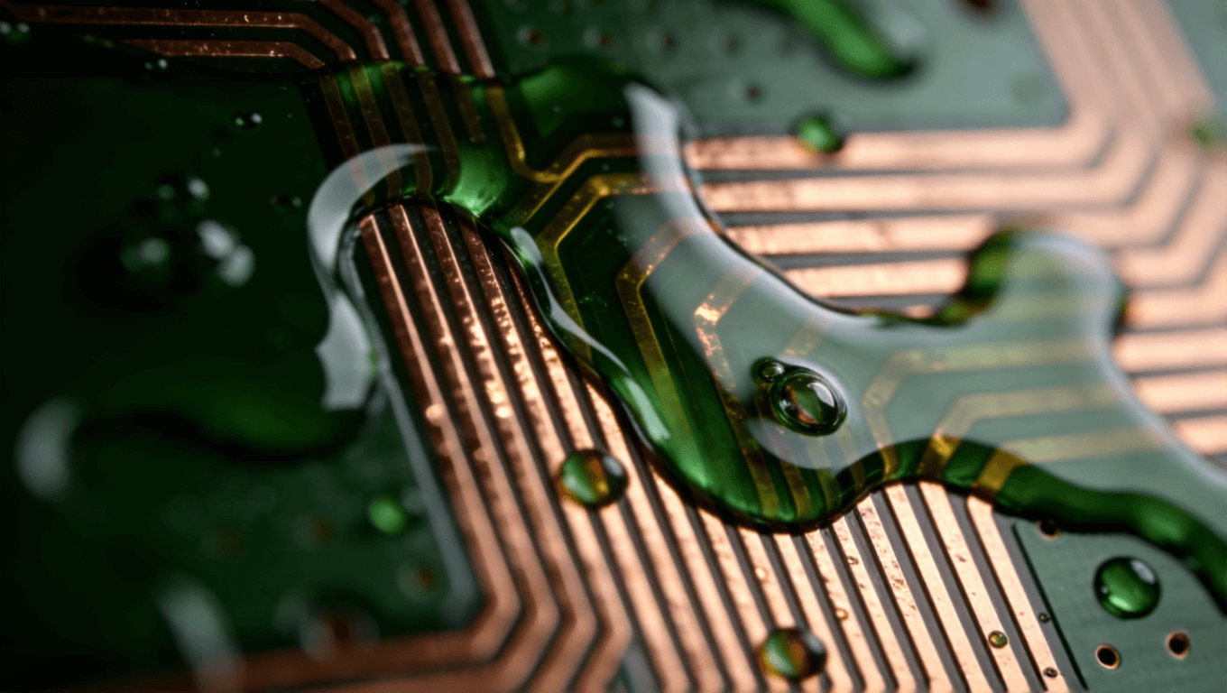 PCB阻焊層涂覆過程抽象特寫，綠色液態(tài)阻焊油在銅線上光滑鋪展，呈現(xiàn)光澤質(zhì)感與流動紋理