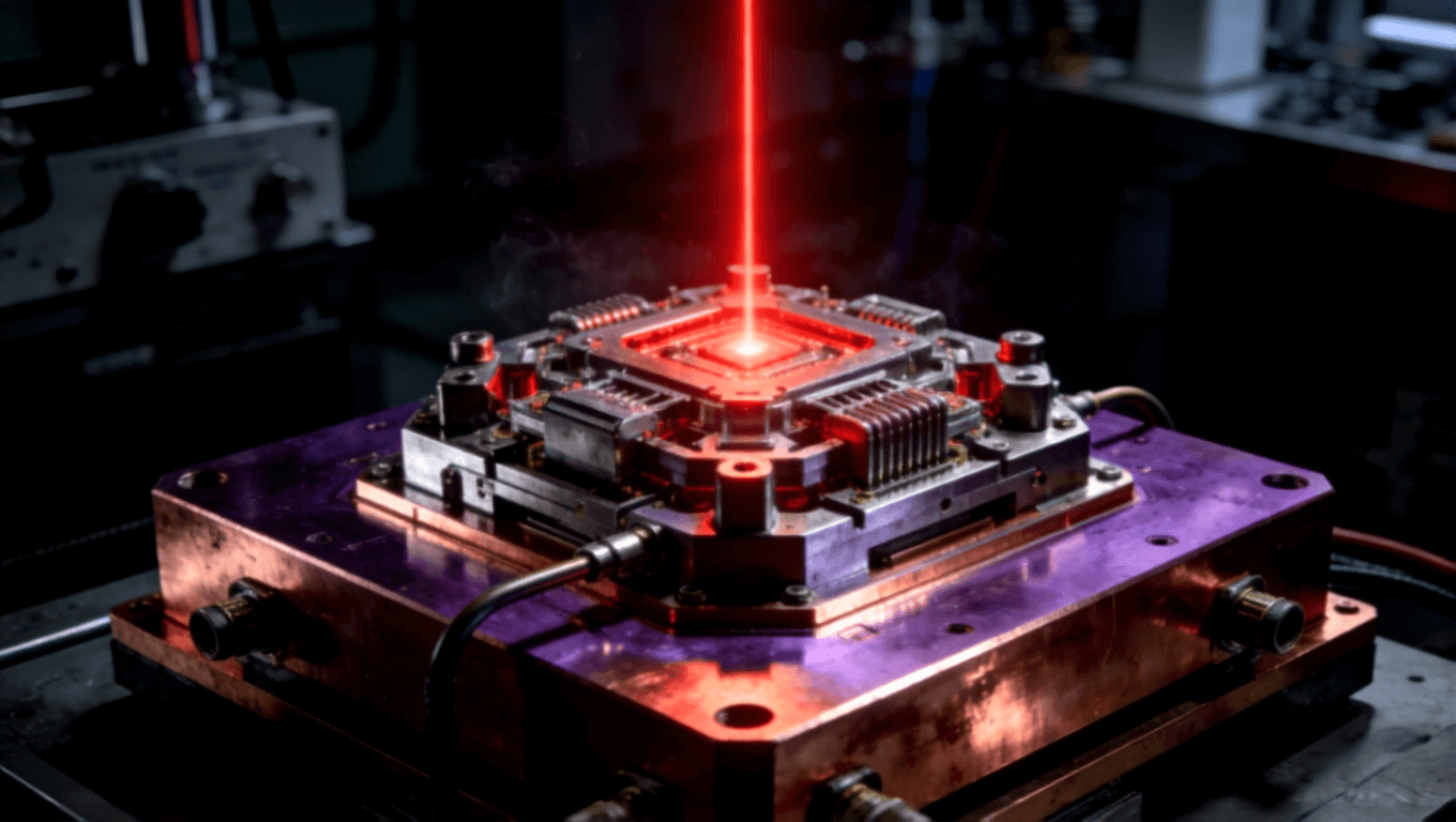 高功率工業(yè)激光器模塊特寫，厚重銅基板作為核心散熱底座，發(fā)射出紅色激光束