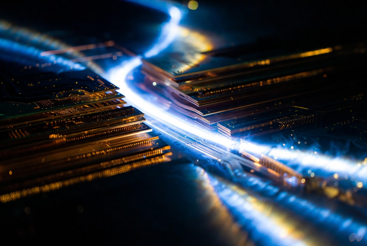 抽象光影表現(xiàn)PCB內(nèi)部信號因白斑缺陷發(fā)生衰減，象征白斑對高頻電路性能的影響