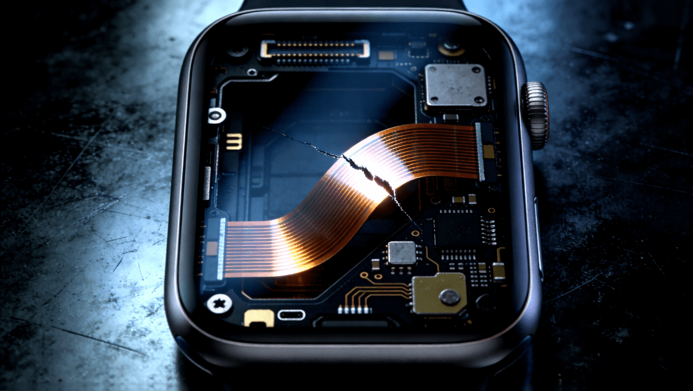 智能手表內部軟板彎折斷裂示意圖，展示柔性電路板在彎折處的微觀裂紋與光影效果