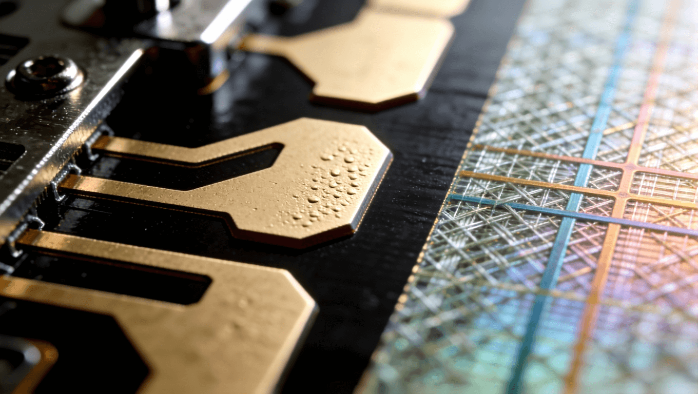 高頻PCB走線截面微觀視圖，展示蝕刻工藝偏差與玻璃纖維編織效應(yīng)